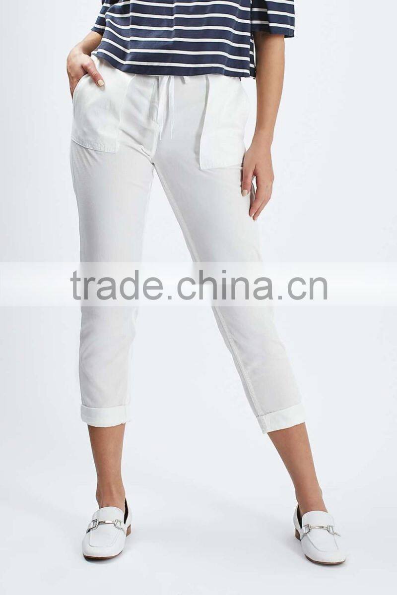 Plain white tapered leg women casual cotton pant trousers new design