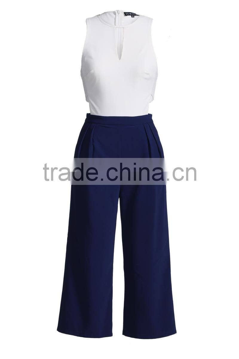working women sleeveless white blue size cut jumpsuit with back zipper