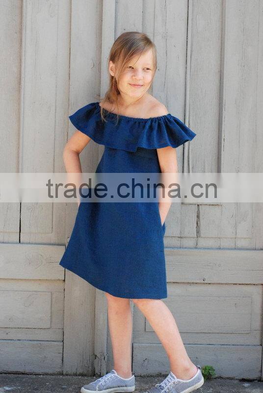 Wholesale Kid Clothing Elegant Summer Girls dress Off shoulder Ruffle Dusty Pink Linen Girl Child Dress