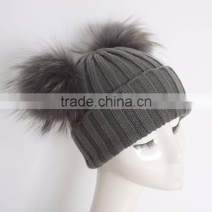 Myfur Dark Grey Wool Knitting Hat with Detachable Raccoon Fur Pom Poms