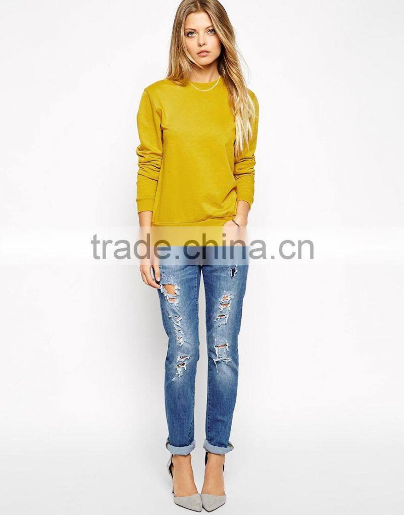 100% Cotton regular fit loop back ribbed trims crewneck sweatshirt wholesale easy women sweatshirt