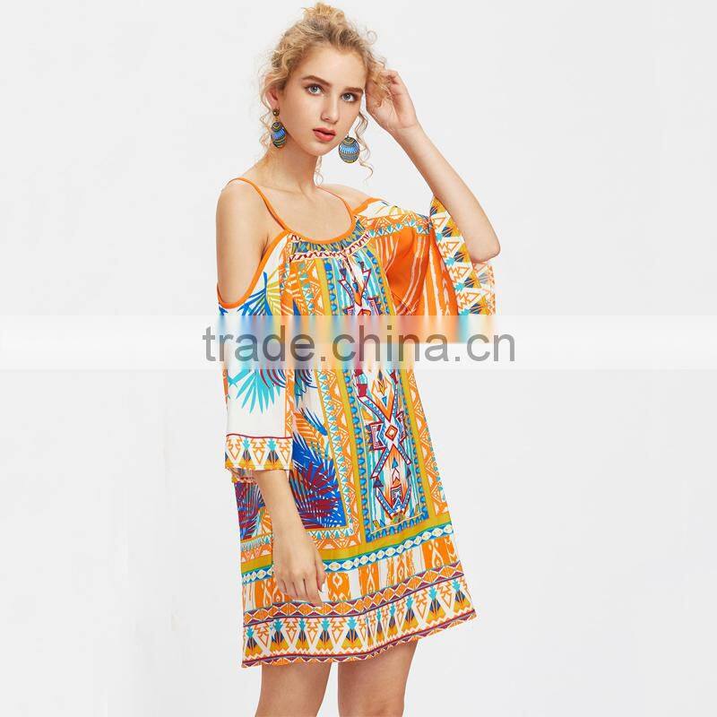 Print Kimono Sleeve Dress, women cold shoulder spaghetti strap dress
