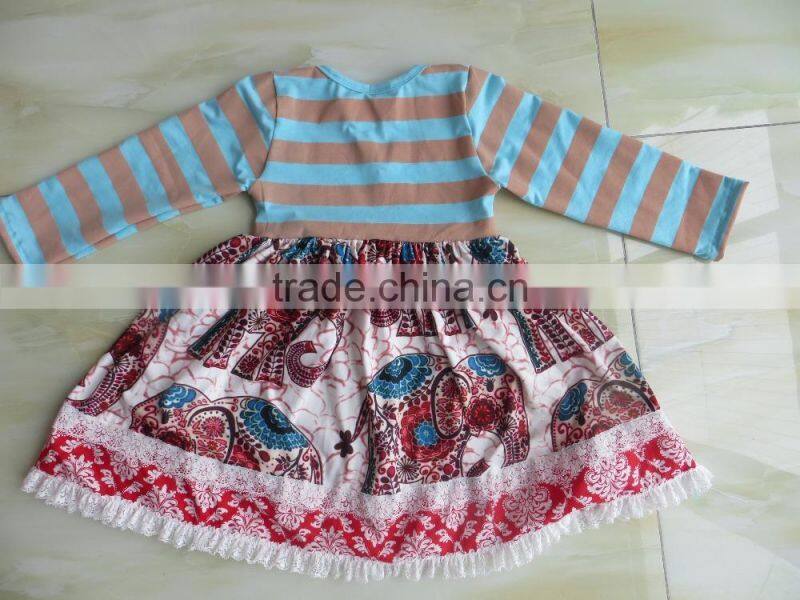 2015 children spring fall clothing stripe long sleeves cotton tops and elephant print skirt baby girls party dress YW-032