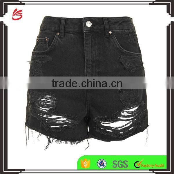 Women Fashionable Wearing Black Distressed High Waisted Denim Shorts