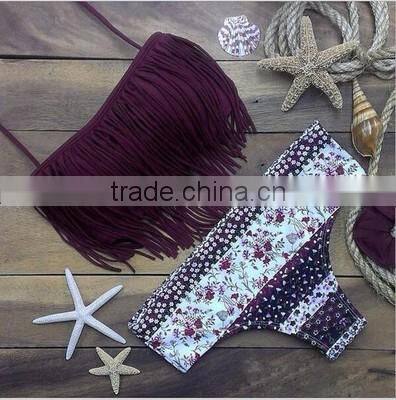 Explosion models tassel print bikini swimwear triangle split swimwear female