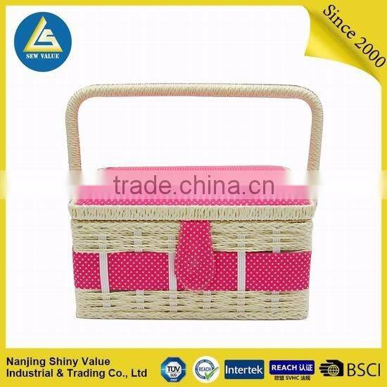 bamboo woven basket small size with white dot on pink cotton fabric