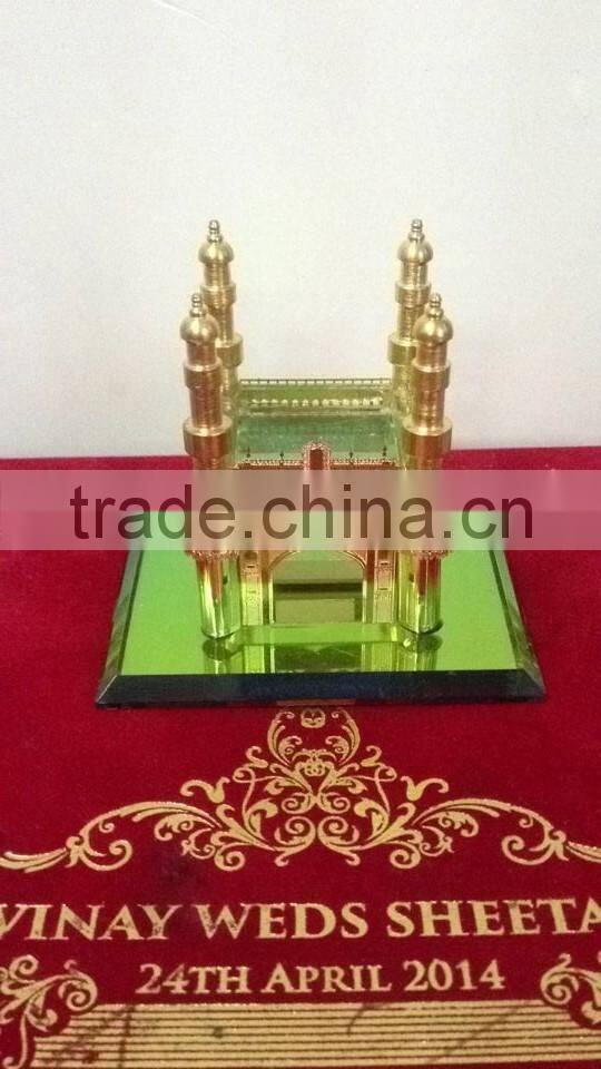 Crystal Hyderabad Charminar Mosque Model & 24k Gold Plated Metal Charminar Model for India Wedding Gift