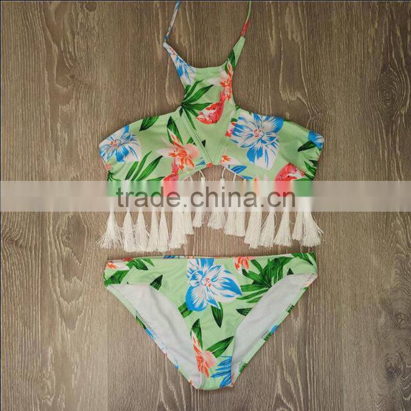 gray tassel leaves swimwear bikini/ latest fashion green vintage tassel bikini swimwear