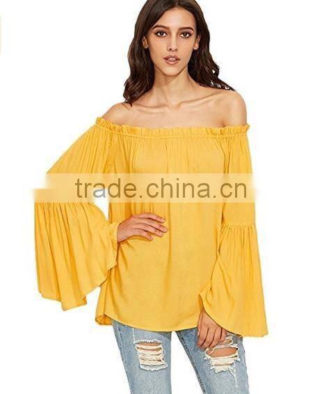 Women lady blouse Off Shoulder Pleated Ruffle Sleeve Blouse Top