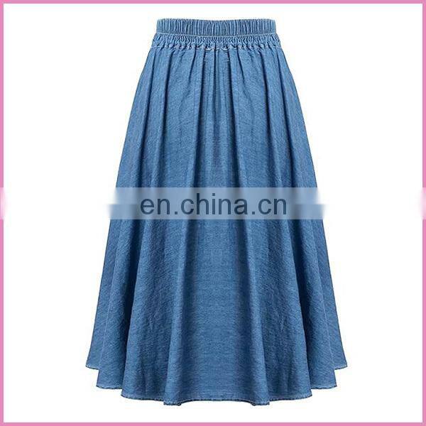 soft thin denim fabric long pleated skirt elastic waist band and middle buttons lady jeans skirt