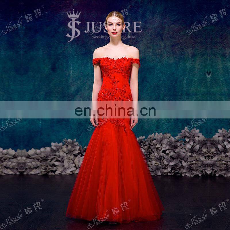 Real Off The Shoulder Lace Appliqued Fishtail Red Sexy Evening Dress Formal