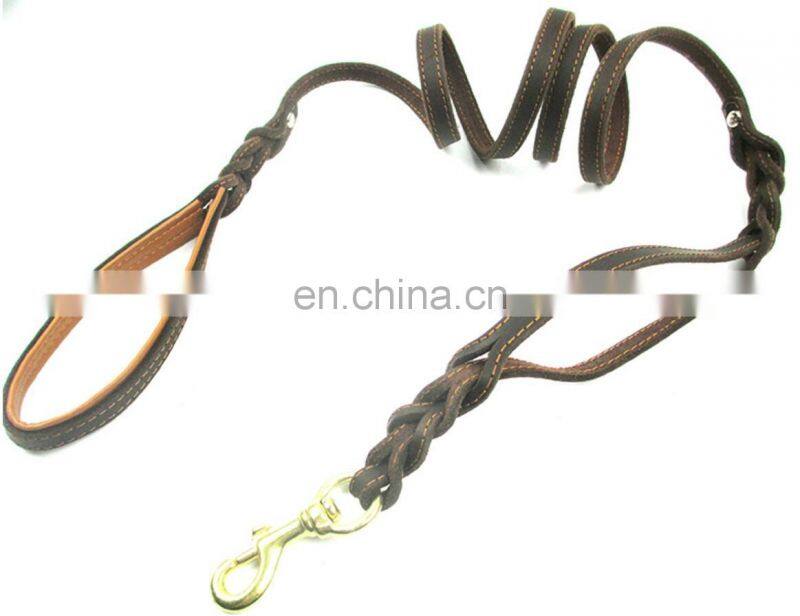 Wholesale Double Handle Dog Leash Copper Hook Leather Rope Dual Pet Leash