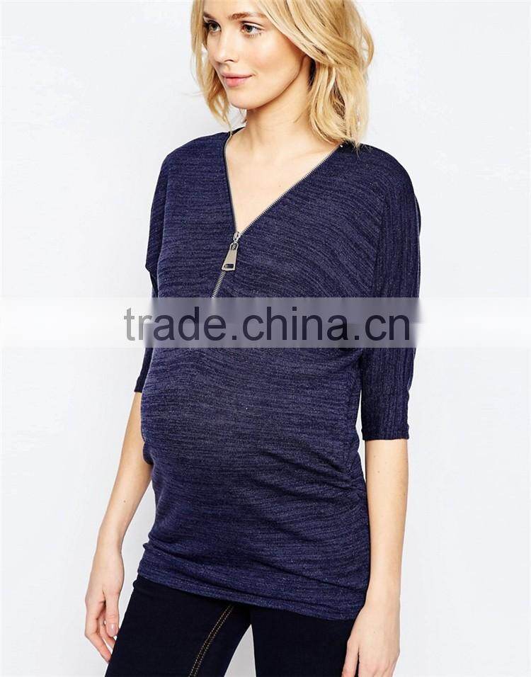 New unique style purple half sleeve zipper front breastfeeding nursing stretch jersey maternity tops