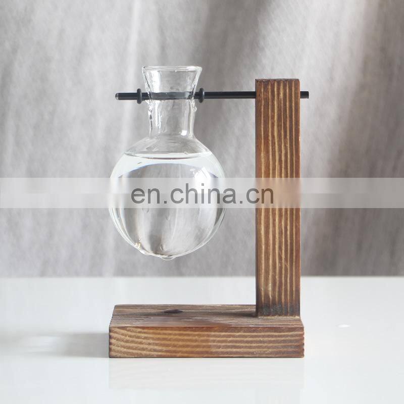 Terrarium Hydroponic Plant Vases Vintage Flower Pot Transparent Vase Wooden Frame Glass Tabletop Plants Home Bonsai Decor