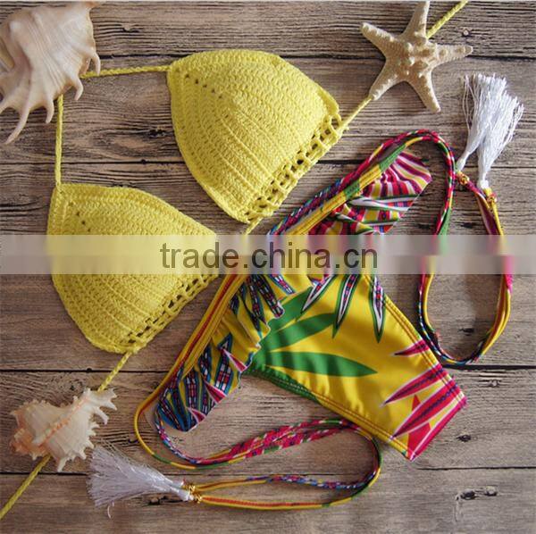 Women Summer Vintage Crochet Beach Bikini Set 2016 Hot Sale Sexy Push Up Padded Swimwear