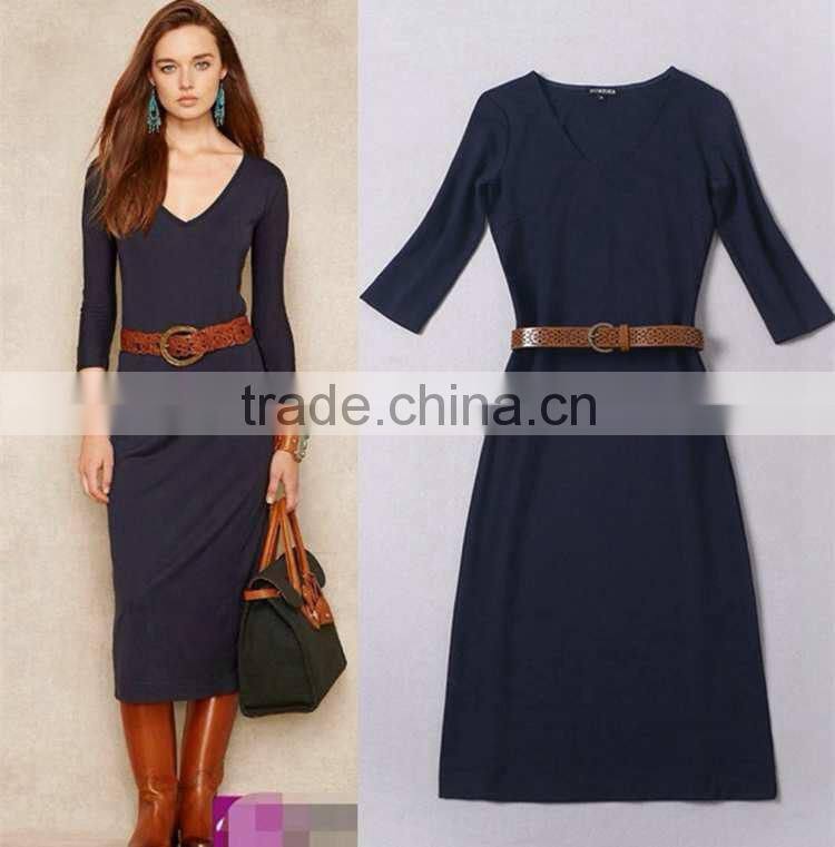 2014 Early autumn designer brief style dress V-neck 3/4 sleeve mid-calf cotton bodycon women casual dresses with belt W18271