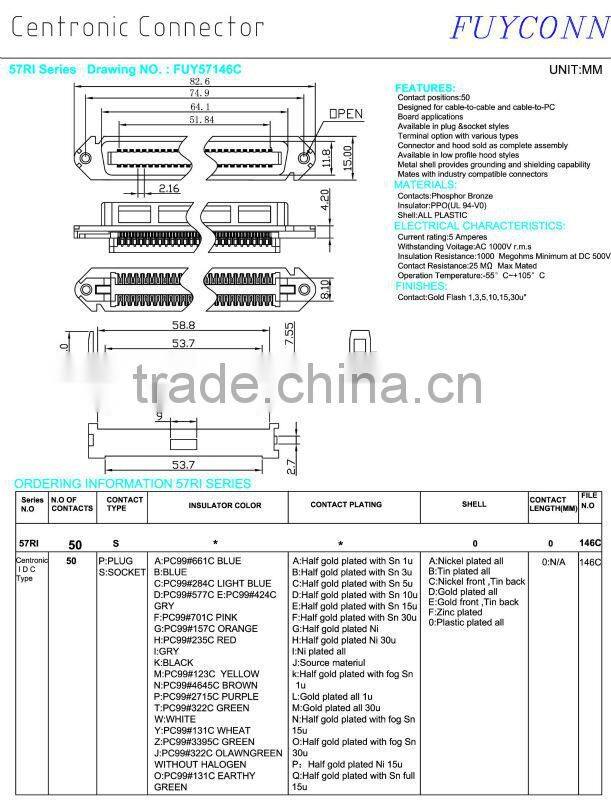 TE AMP RJ21 50 Pin Centronic Flat Ribbon IDC Cable Clamp Tyco Crimping Connector Female