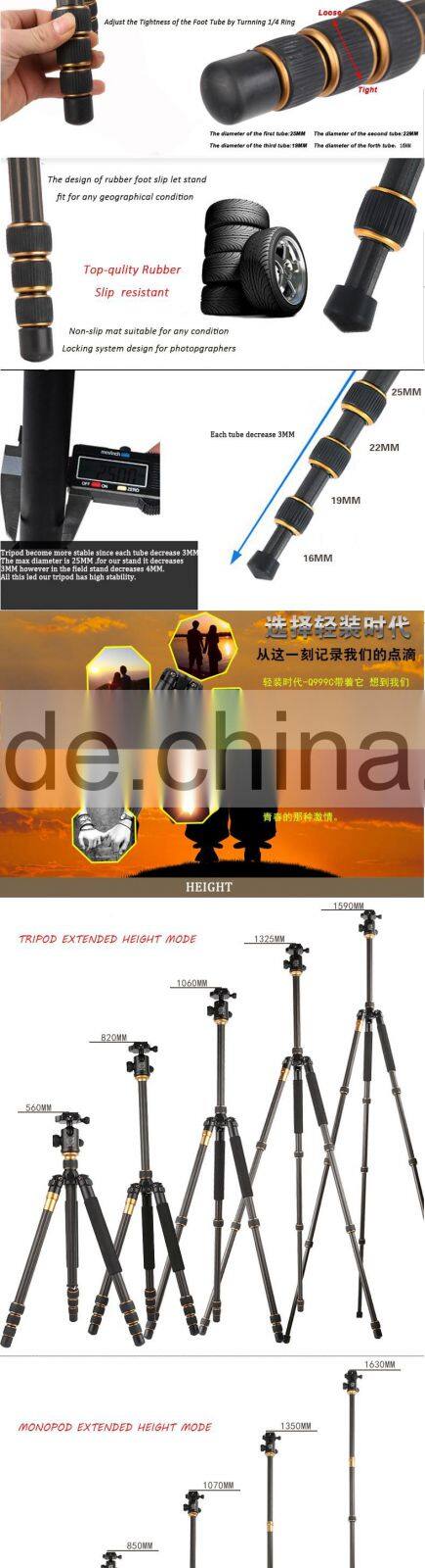 Q999C 1590mm carbon fiber camera tripod 15kg load digital dslr camera tripod monopod customize brand quality tripod