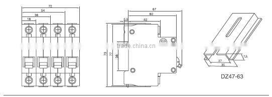 DZ47-63 miniature single phase circuit breaker 4P/63A/230VAC