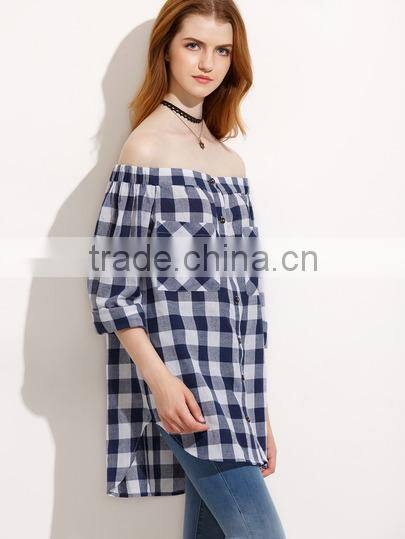 Blouses latest fashion design women clothing Gingham Button Pocket Off The Shoulder Blouse
