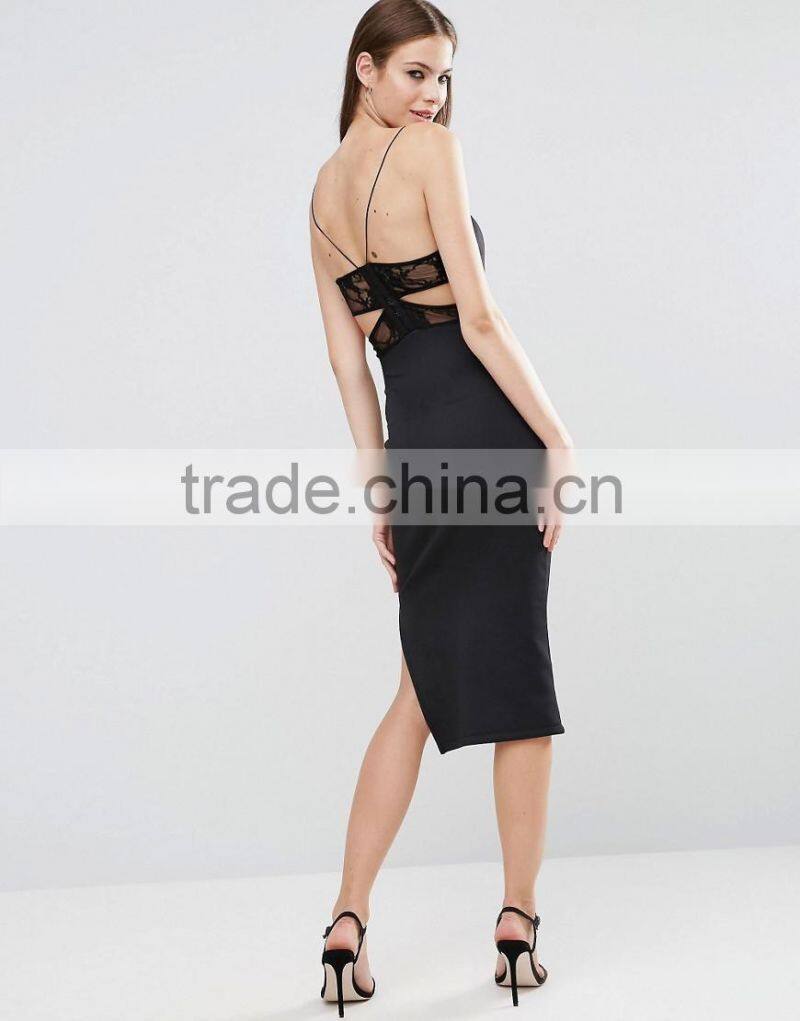 2016 hot-sale Cut-out back Lace inserts Soft-touch jersey Cami straps Close-cut bodycon fit Lace Bra Back Midi sexy Dress