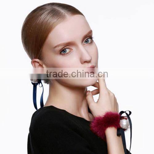Custom Printed Hot Sale Cute Mink Fur Elastic Hair Tie with Pearl Balls for Fashion Girls