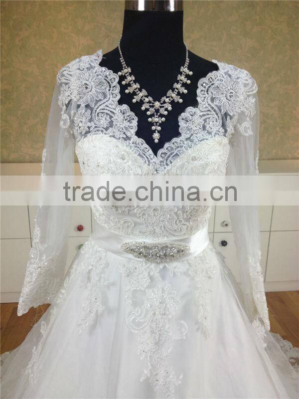 elegant V neck long sleeve lace muslim wedding dress with crystal belt