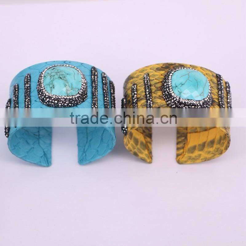 Natural Labradorite Amazon Turquoise Amethyst Gem Stone Bangle, Snakeskin Wrap Pave Crystal Leather 40mm Cuff Bangles