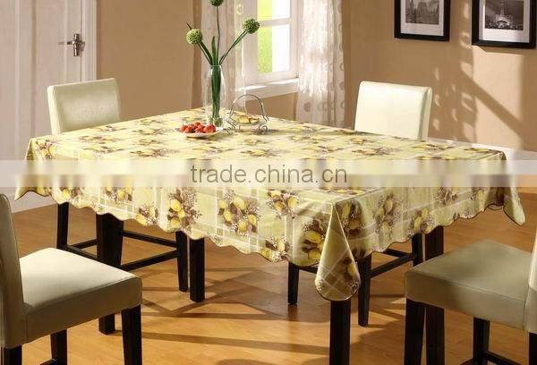 2015 Newest printed lemon and checked design plastic table cloth with lace/waved/straight edge