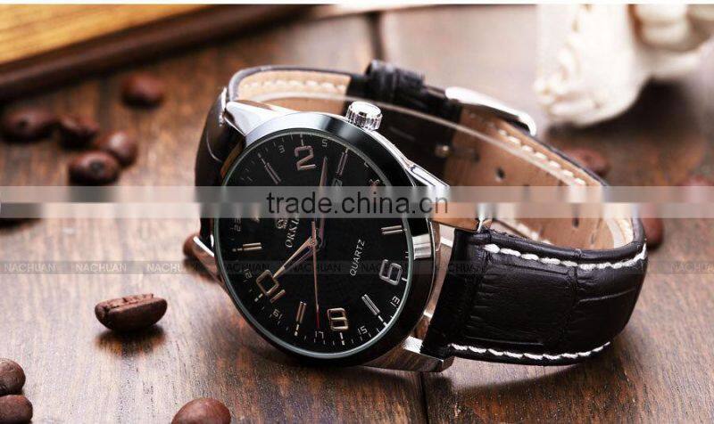 Orkina Mens Black Leather Stainless Steel Case Chrono Date Display Analog Sport Quartz Wrist Watch