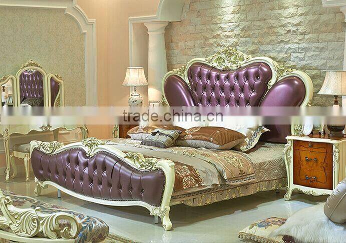 European Style King Size Bed, Elegant Purple Wood Carving Bed, Royal Bedroom Furniture Set (BF01-ML027)