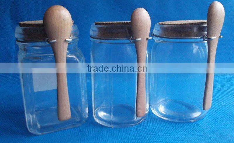 250ML 300ML Round Glass honey Jar with wooden lid and spoon