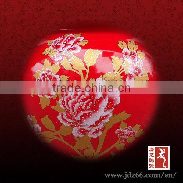 Flower design red glazed porcelain ginger jar for wedding decoration