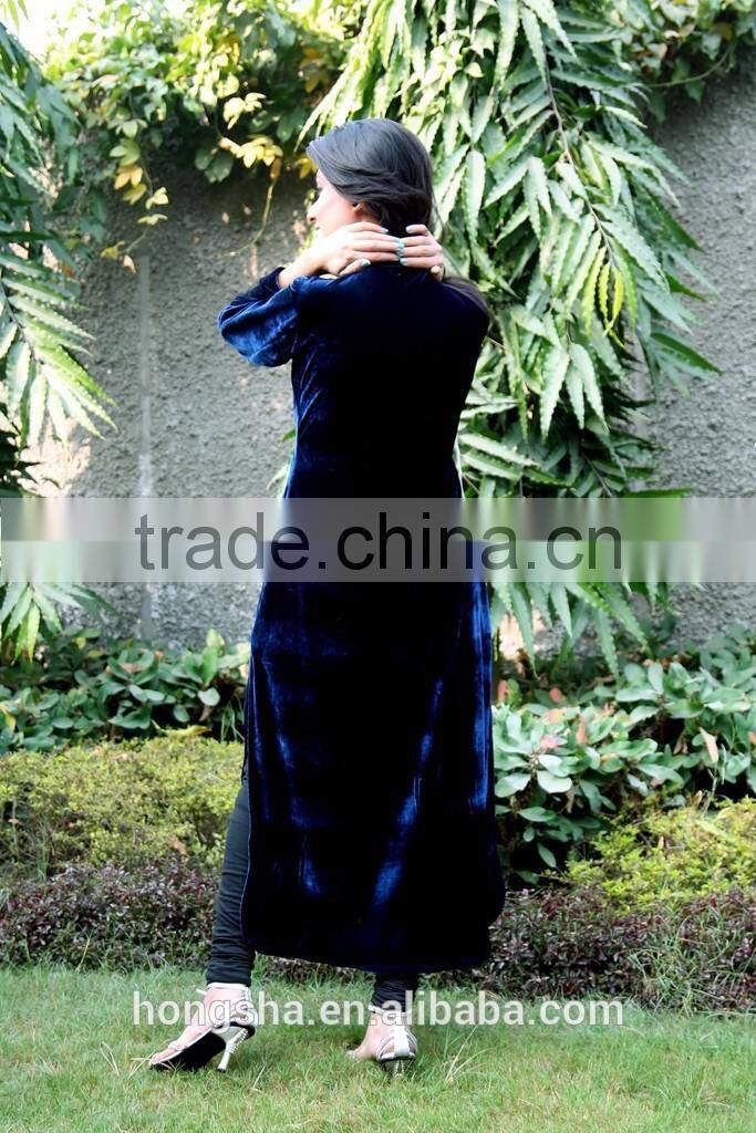 Fashion brand designer long kurtis with front neck crystal buttons navy blue velvet kurti HSD7920
