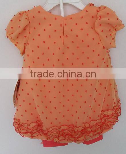 2016 beautiful baby girl orange color flowers embroidered dress with knit pants 2 for summer