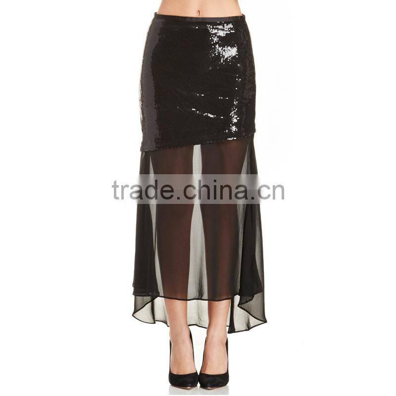MGOO New Arrival Custom OEM Women Sequin Transparent Sexy Skirts For Women Two Layers Chiffon Long Skirt 15145A221
