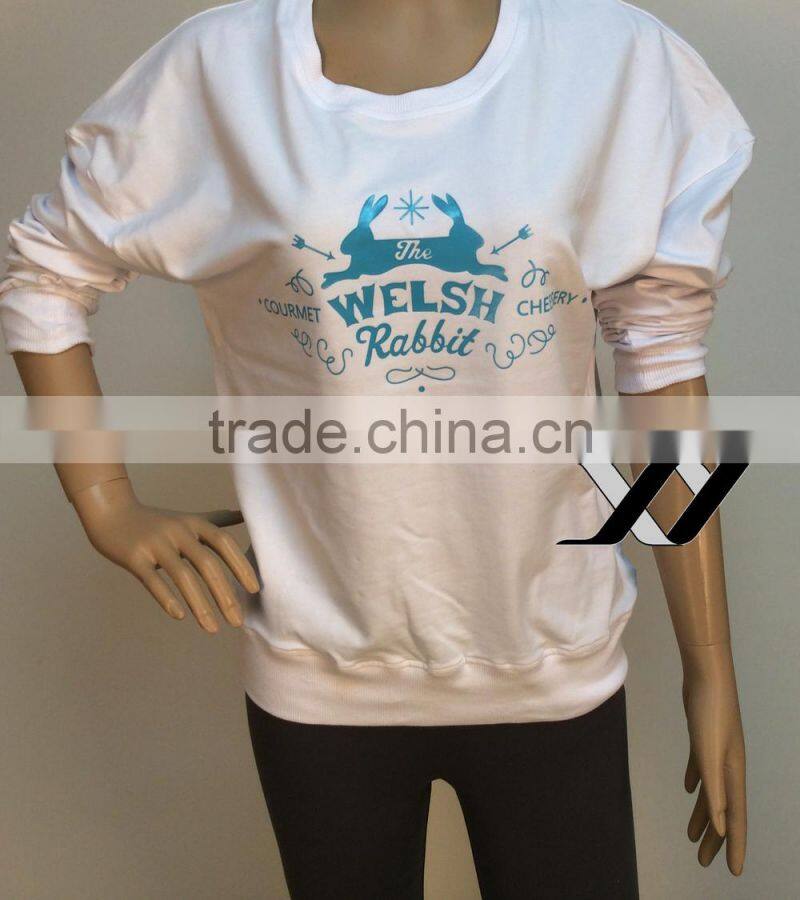 white crew neck sweatshirt for women with rabbit print