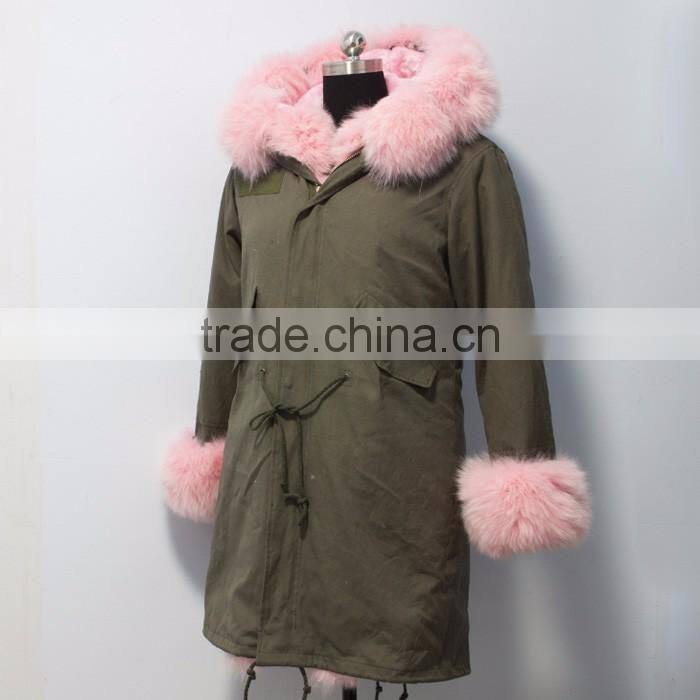 Myfur Baby Pink Thick Part Fox Fur Trimmed Luxury Ladies Fashion Long Parka