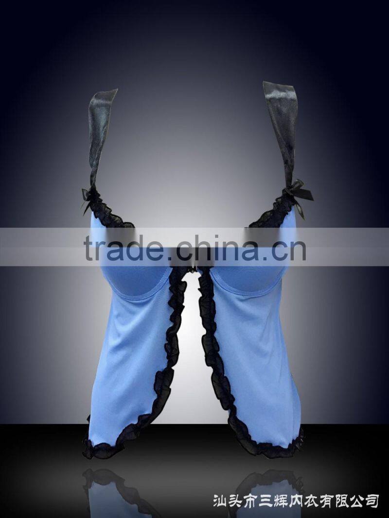 High quatily lovely pink rose ribbon sexy lingerie babydoll with sexy g-string