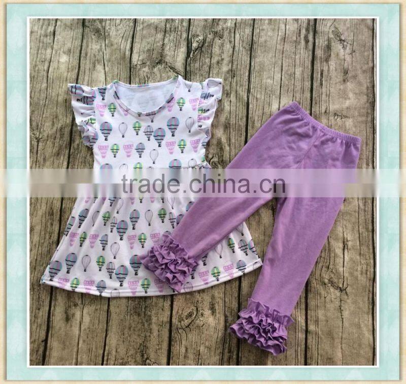 2017 stylish girl outfit clothing dancing girl pattern print top and bule ruffle pant baby wear clothes