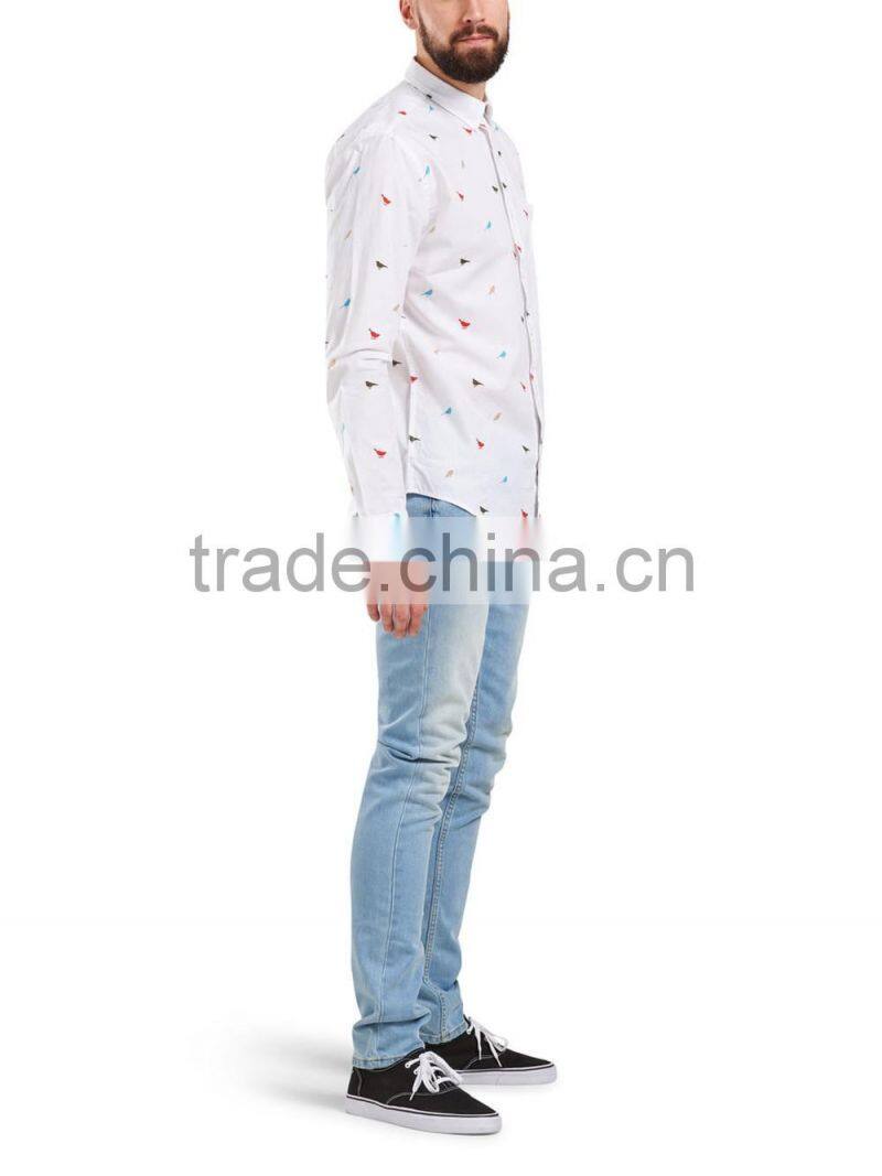 Men's Long Sleeve Birds Pattern Cotton Shirt