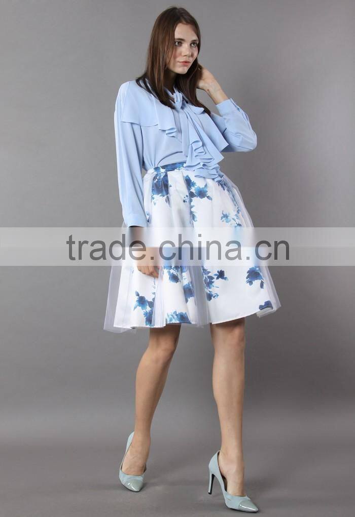 2016 Guangzhou Shandao OEM/ODM Custom Design Elegant Women Short A Line Ruffle Cotton Flower Printed Skirts