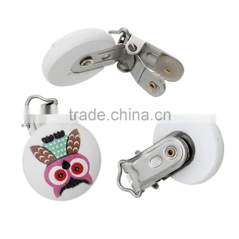 Custom LOGO Round Multicolor Halloween Owl Pattern Wood Baby Pacifier Clip