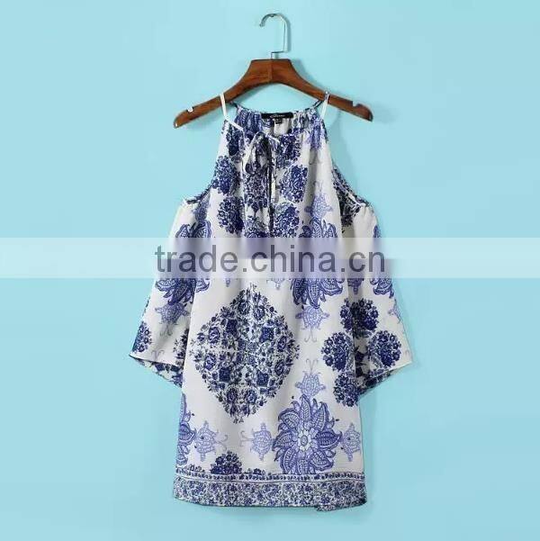 2017 new model summer dress women off shoulder straight loose blue and white porcelain printed dress