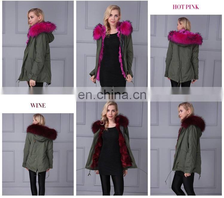 Women hooded pink real fox fur parka with army green shell material