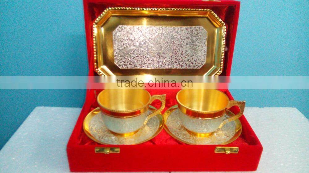 Silver Plated Engraved Brass Tea Coffee Cups & Plated Set Of Four Piece With Serving Tray