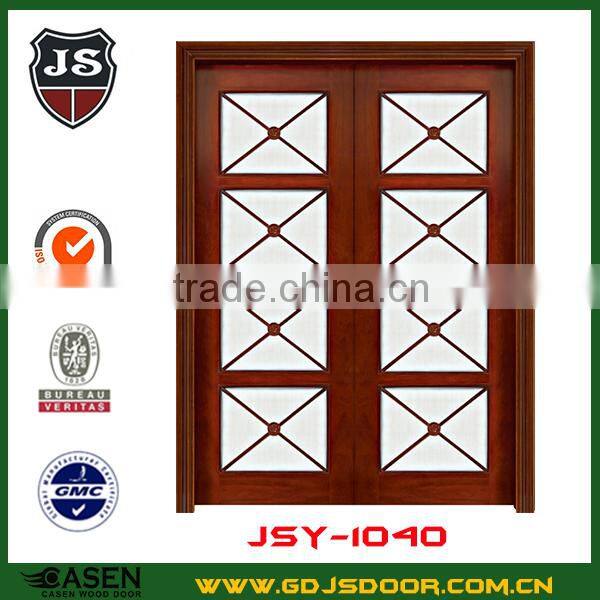 Rustic interior room flower carving wood frame sliding glass door