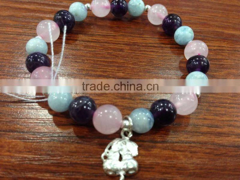 Natural gemstone mixed color rose Quartz crystal and Amethyst and Aquamarine with 925 silver cherry Bracelet