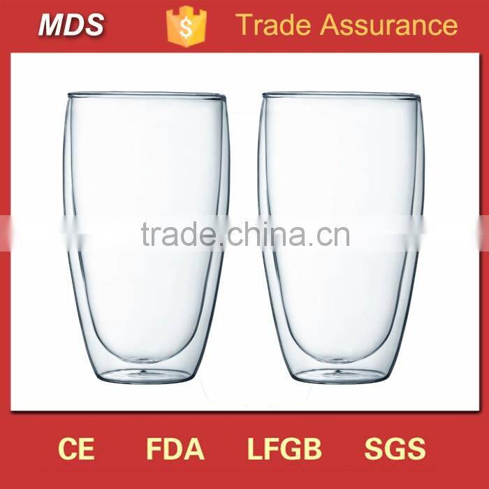 Clear borosilicate 450ml double wall glass mug without handle
