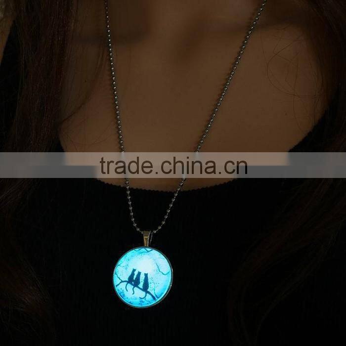 Round crystal pendant black cat and branch charm Light in the Dark Necklace